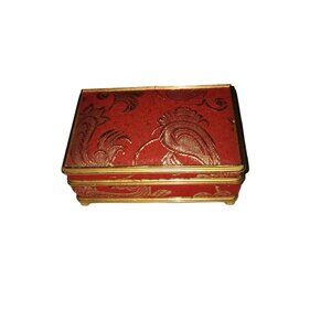 Vintage R.O.C. Taiwan Red & Gold Brocade Jewelry Box Mirror Ring Holder tray 6x4